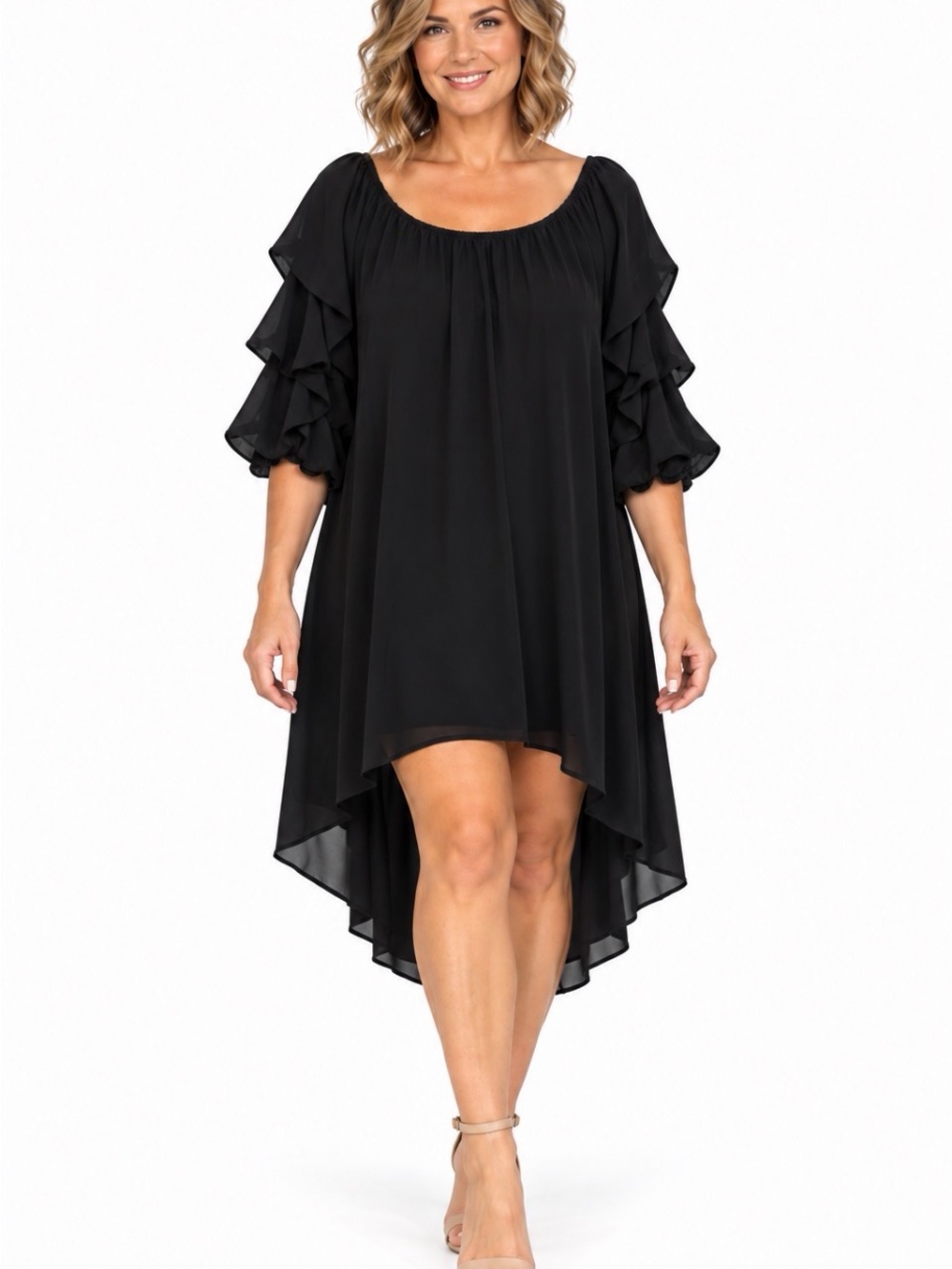 Joseph Ribkoff Black High-Low Off-Shoulder Ruffle Dress